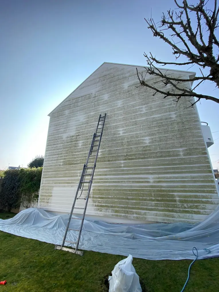 Pignon en cours de nettoyage, bâche de protection au sol et échelle